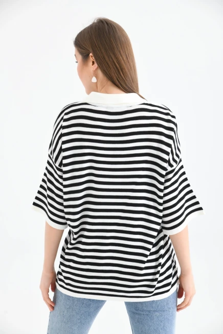 Polo Yaka Fermuarlı Çizgili Mevsimlik Salaş Triko Kazak