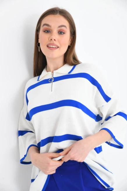 Polo Yaka Fermuarlı Çizgili Salaş Mevsimlik Trko Kazak