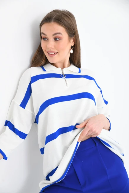 Polo Yaka Fermuarlı Çizgili Salaş Mevsimlik Trko Kazak