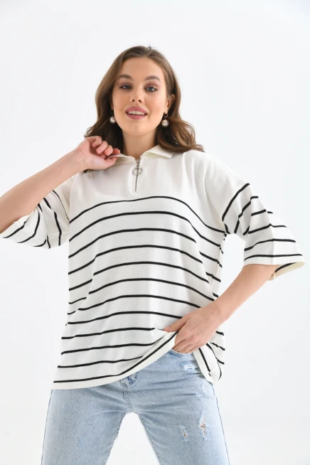 Polo Yaka Fermuarlı Çizgili Uzun Triko Kazak