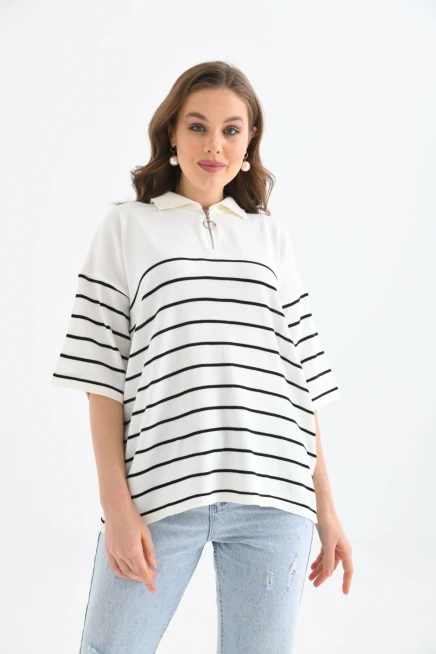 Polo Yaka Fermuarlı Çizgili Uzun Triko Kazak