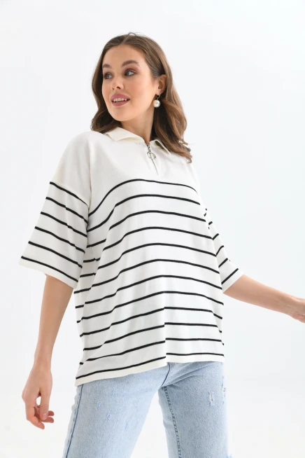 Polo Yaka Fermuarlı Çizgili Uzun Triko Kazak