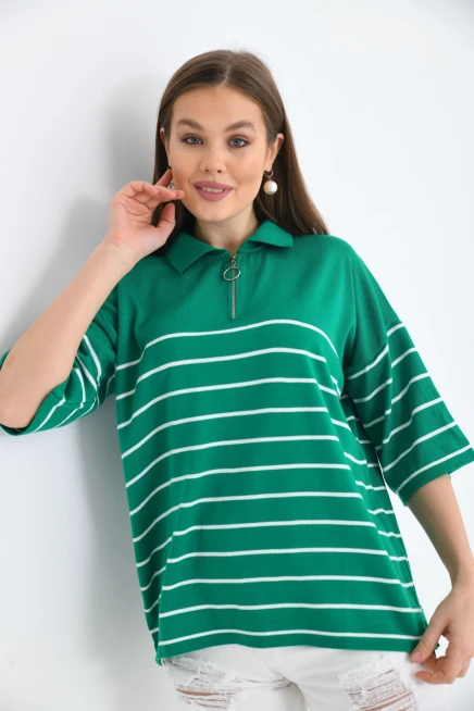 Polo Yaka Fermuarlı Çizgili Uzun Triko Kazak