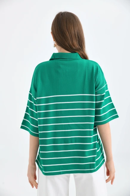 Polo Yaka Fermuarlı Çizgili Uzun Triko Kazak