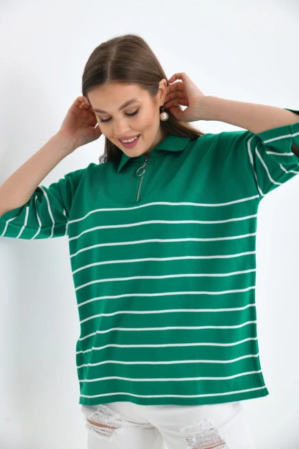 Polo Yaka Fermuarlı Çizgili Uzun Triko Kazak