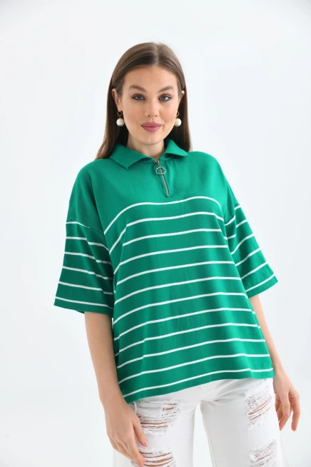 Polo Yaka Fermuarlı Çizgili Uzun Triko Kazak