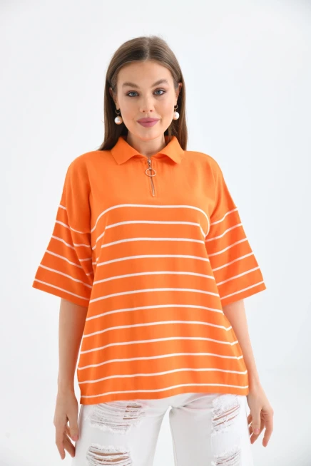 Polo Yaka Fermuarlı Çizgili Uzun Triko Kazak