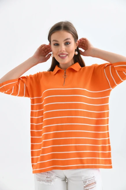 Polo Yaka Fermuarlı Çizgili Uzun Triko Kazak