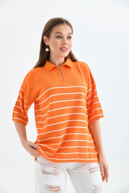 Polo Yaka Fermuarlı Çizgili Uzun Triko Kazak