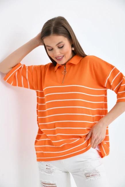 Polo Yaka Fermuarlı Çizgili Uzun Triko Kazak