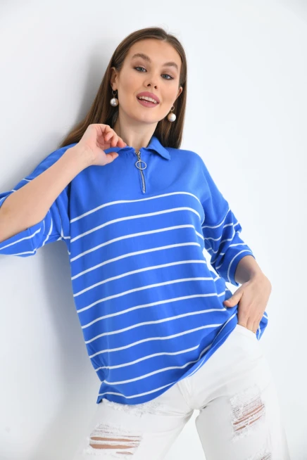 Polo Yaka Fermuarlı Çizgili Uzun Triko Kazak