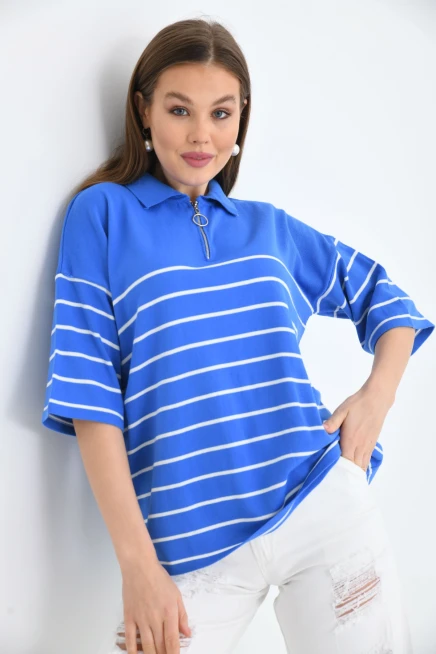 Polo Yaka Fermuarlı Çizgili Uzun Triko Kazak