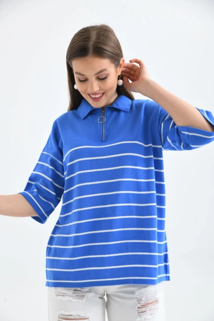 Polo Yaka Fermuarlı Çizgili Uzun Triko Kazak