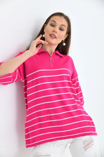 Polo Yaka Fermuarlı Çizgili Uzun Triko Kazak