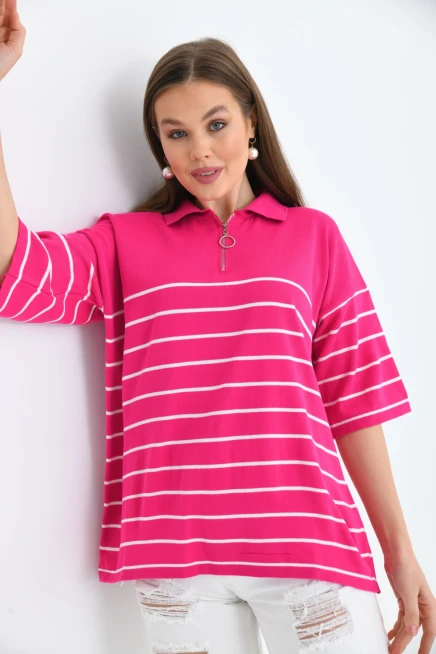 Polo Yaka Fermuarlı Çizgili Uzun Triko Kazak