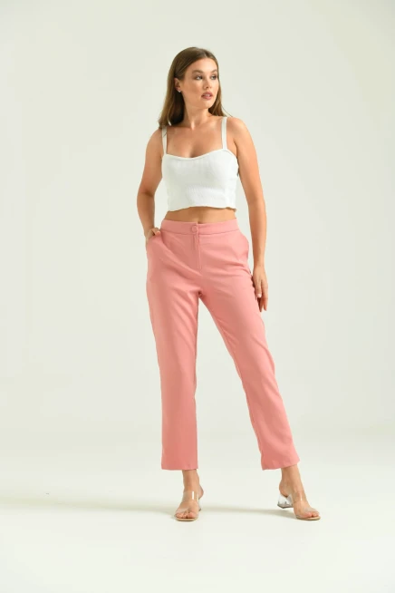 Kadın Pudra Düğme Datay Kumaş Pantolon