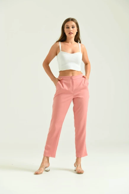 Kadın Pudra Düğme Datay Kumaş Pantolon