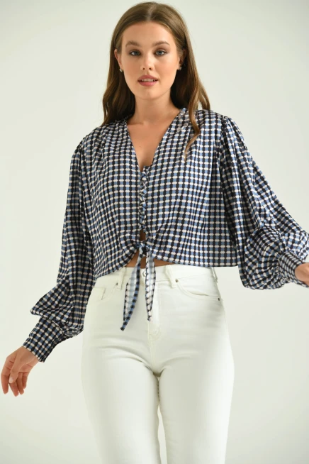 Kadın Saks Balon Kol Yaka Detay Bağcıklı Bluz