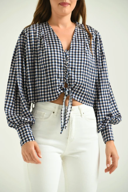 Kadın Saks Balon Kol Yaka Detay Bağcıklı Bluz