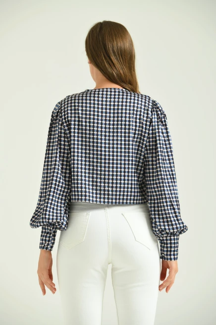 Kadın Saks Balon Kol Yaka Detay Bağcıklı Bluz