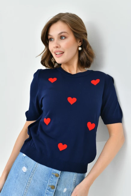 Bisiklet Yaka Kalp Desenli Mevsimlik Triko Kazak