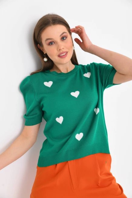 Bisiklet Yaka Kalp Desenli Mevsimlik Triko Kazak