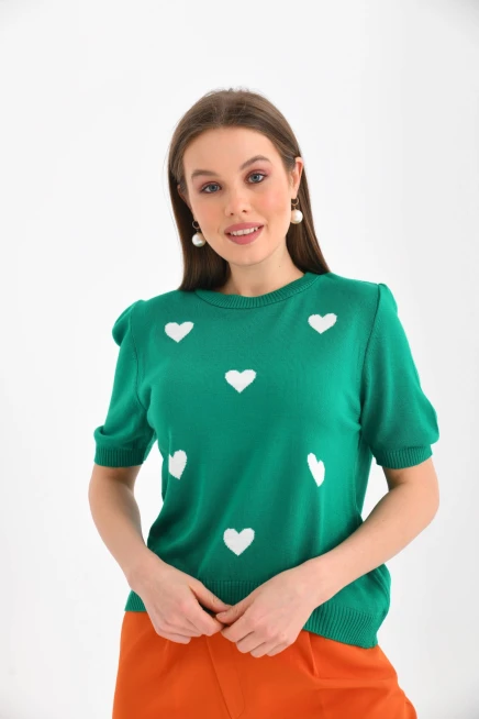 Bisiklet Yaka Kalp Desenli Mevsimlik Triko Kazak