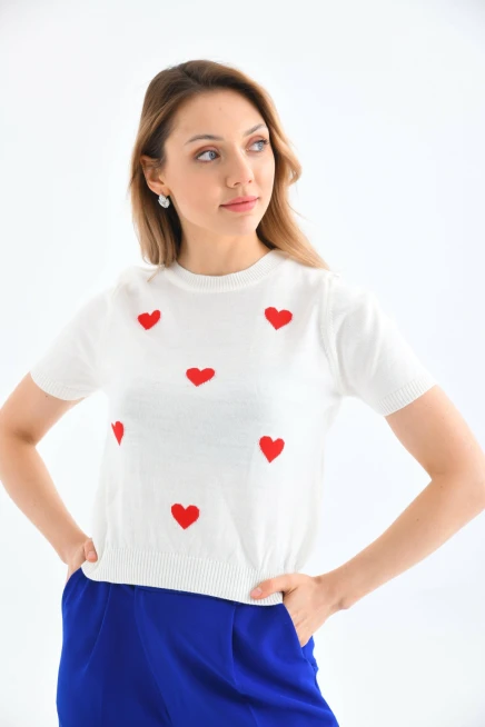 Bisiklet Yaka Kalp Desenli Mevsimlik Triko Kazak