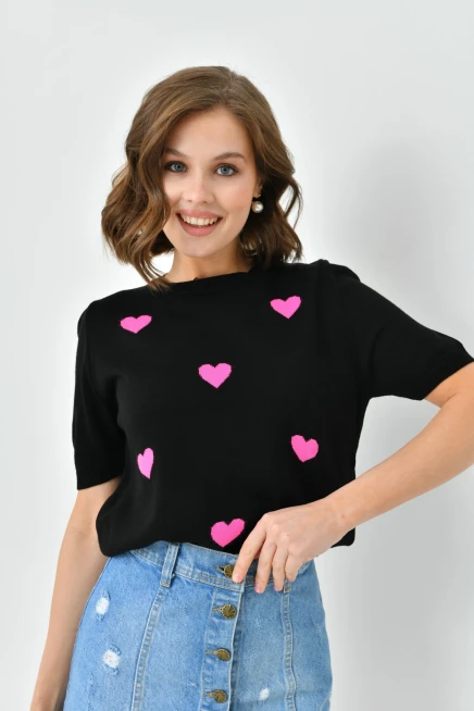 Bisiklet Yaka Kalp Desenli Mevsimlik Triko Kazak