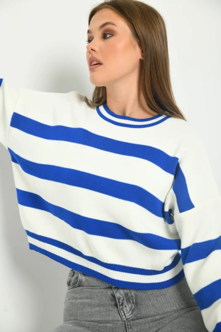 Çizgili Crop Bisiklet Yaka Triko Kazak