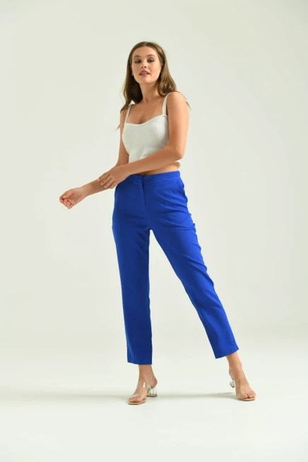 Kadın Saks Düğme Datay Kumaş Pantolon