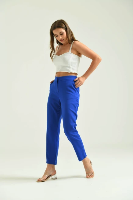 Kadın Saks Düğme Datay Kumaş Pantolon