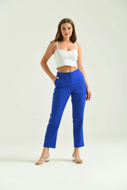 Kadın Saks Düğme Datay Kumaş Pantolon