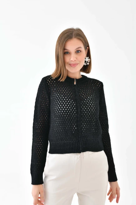 Bisiklet Yaka Fermuar Detaylı Delikli Triko Kazak