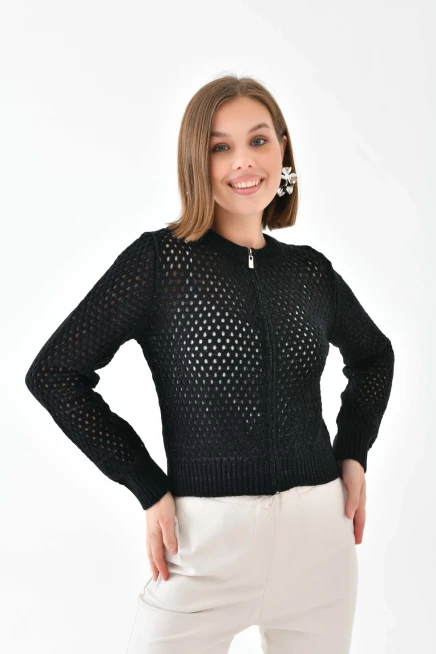 Bisiklet Yaka Fermuar Detaylı Delikli Triko Kazak