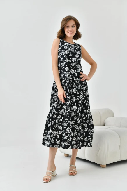 Kadın Siyah Çiçek Desenli Volan  Detaylı Kolsuz Dokuma Elbise