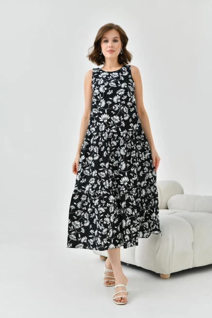 Kadın Siyah Çiçek Desenli Volan  Detaylı Kolsuz Dokuma Elbise