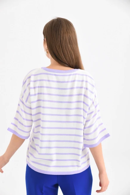 Siyah Çizgili Bisiklet Yaka Mevsimlik Salaş Triko Kazak