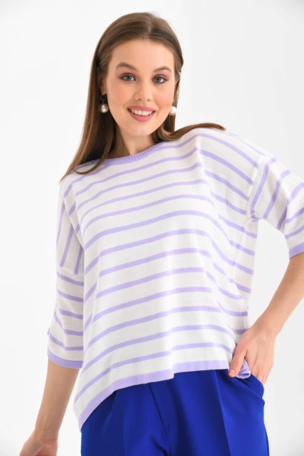 Siyah Çizgili Bisiklet Yaka Mevsimlik Salaş Triko Kazak