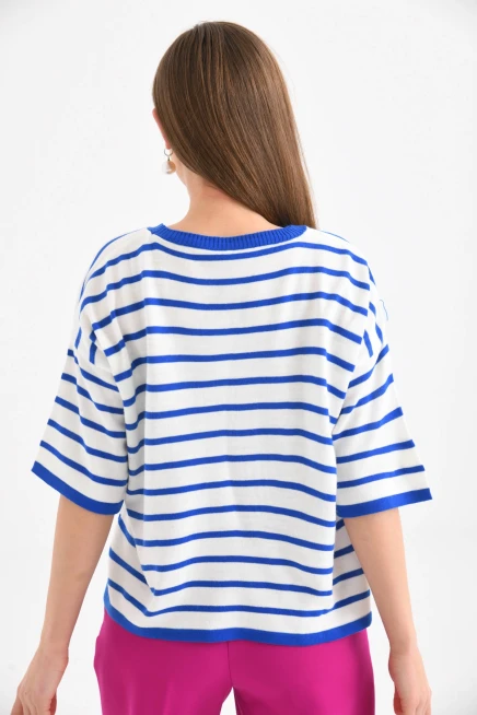 Siyah Çizgili Bisiklet Yaka Mevsimlik Salaş Triko Kazak