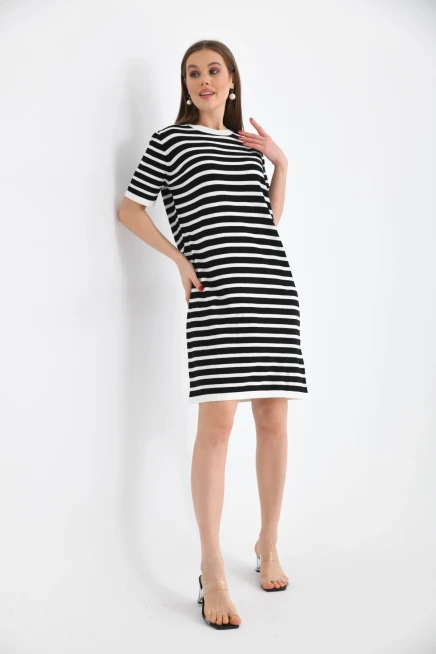 Kadın Çizgili Bisiklet Yaka Mevsimlik Triko Elbise