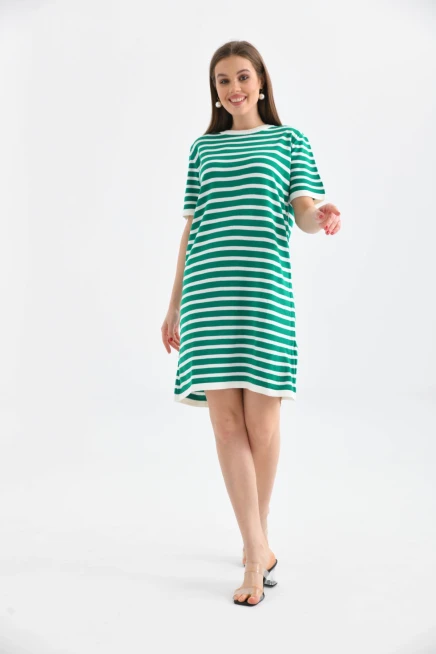 Kadın Çizgili Bisiklet Yaka Mevsimlik Triko Elbise