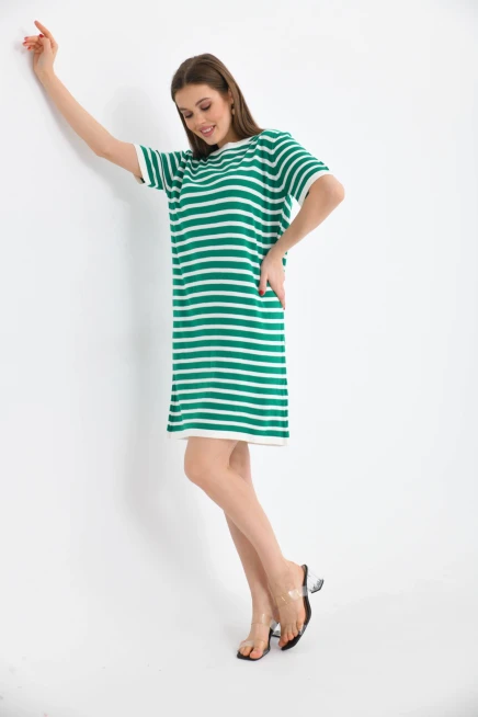 Kadın Çizgili Bisiklet Yaka Mevsimlik Triko Elbise