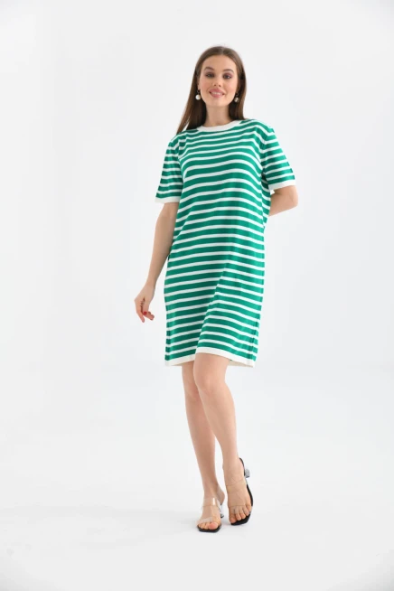 Kadın Çizgili Bisiklet Yaka Mevsimlik Triko Elbise