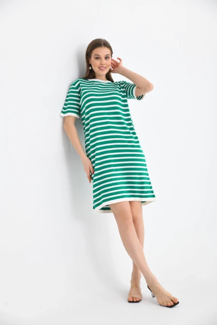 Kadın Çizgili Bisiklet Yaka Mevsimlik Triko Elbise