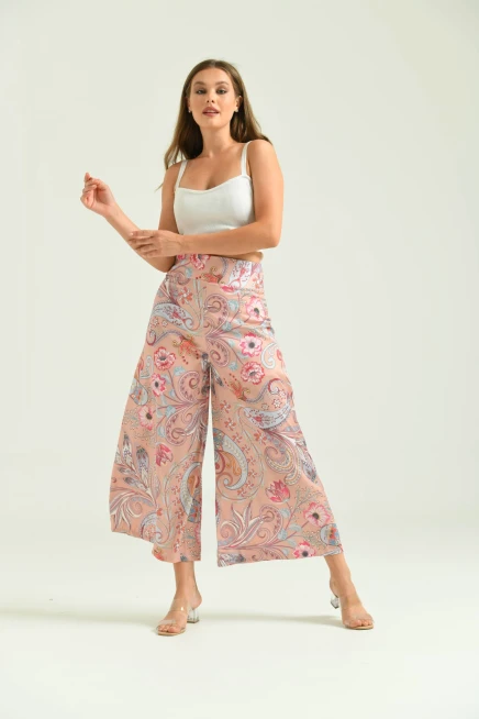 Kadın Somon Etnik Baskılı Etek Pantolon