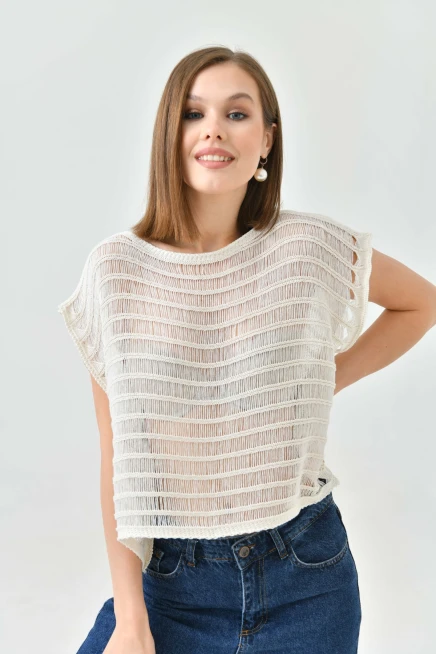 Kadın Taş Ajurlu Kayık Yaka Salaş Triko Bluz