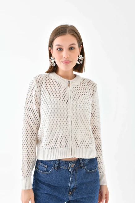 Bisiklet Yaka Fermuar Detaylı Delikli Triko Kazak