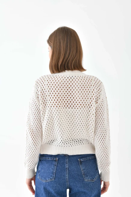 Bisiklet Yaka Fermuar Detaylı Delikli Triko Kazak