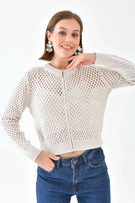 Bisiklet Yaka Fermuar Detaylı Delikli Triko Kazak